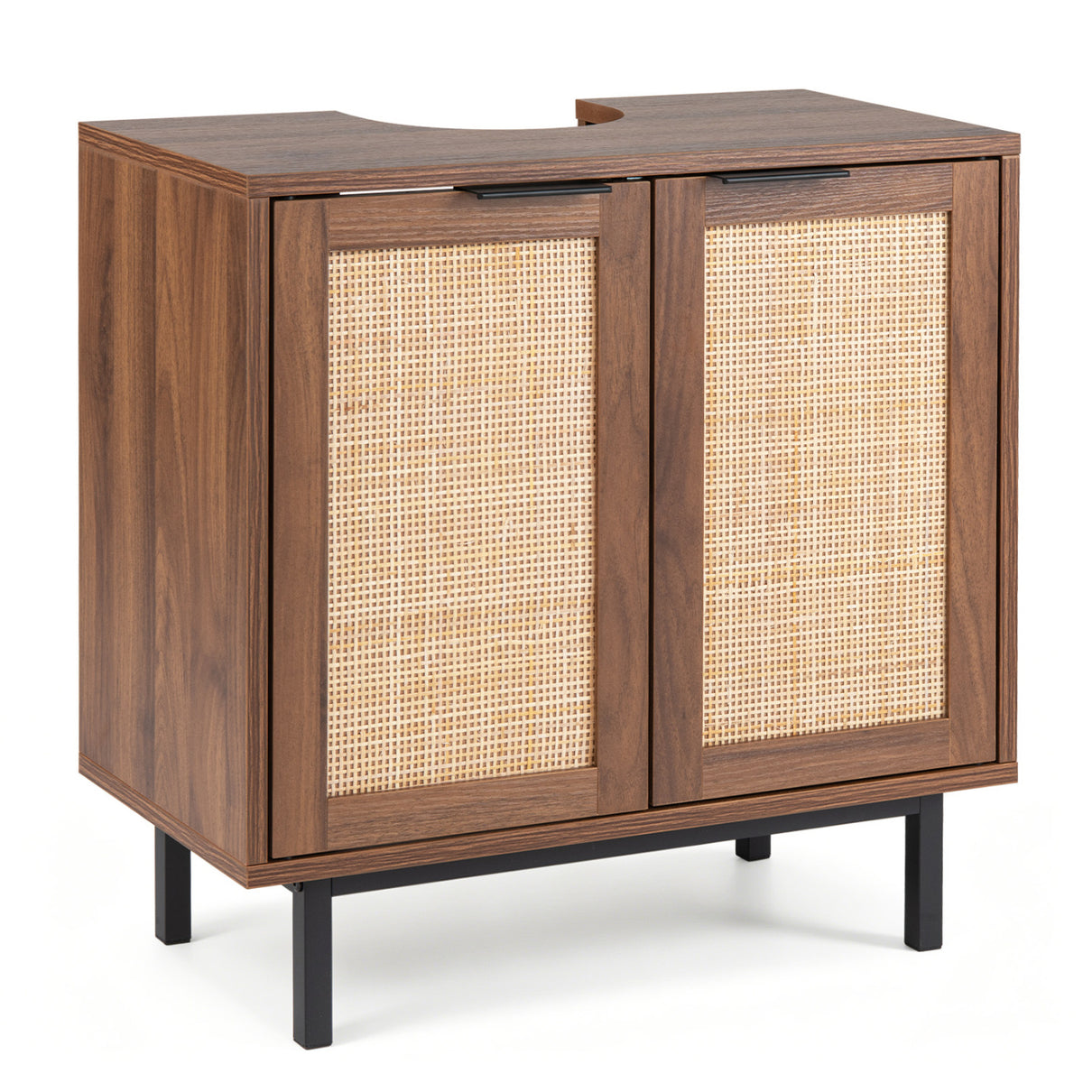 Bathroom Vanity Cabinet with U-Shaped Cut-Out 2 Rattan Doors and Shelf-Brown view 4