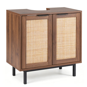 Bathroom Vanity Cabinet with U-Shaped Cut-Out 2 Rattan Doors and Shelf-Brown view 4