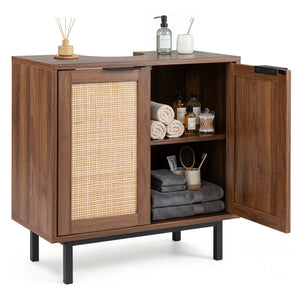 Bathroom Vanity Cabinet with U-Shaped Cut-Out 2 Rattan Doors and Shelf-Brown