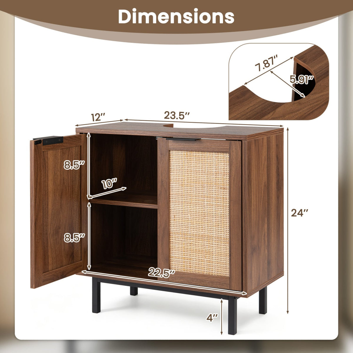 Bathroom Vanity Cabinet with U-Shaped Cut-Out 2 Rattan Doors and Shelf-Brown view 5