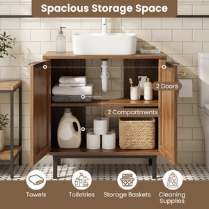 Bathroom Vanity Cabinet with U-Shaped Cut-Out 2 Rattan Doors and Shelf-Brown view 6