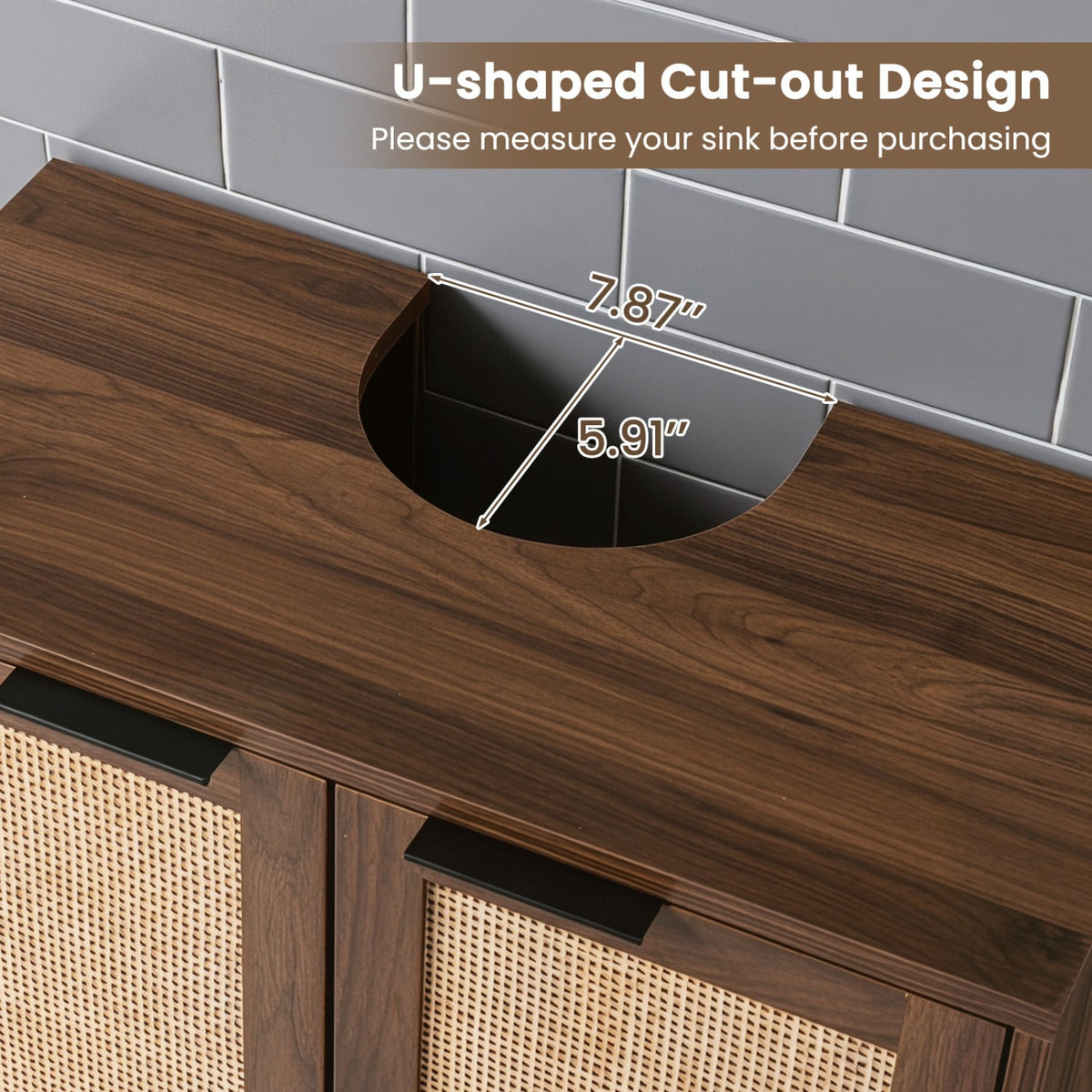 Bathroom Vanity Cabinet with U-Shaped Cut-Out 2 Rattan Doors and Shelf-Brown view 7