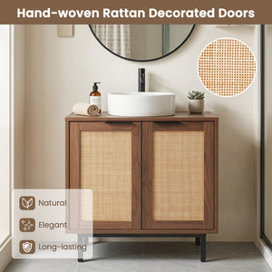 Bathroom Vanity Cabinet with U-Shaped Cut-Out 2 Rattan Doors and Shelf-Brown view 8