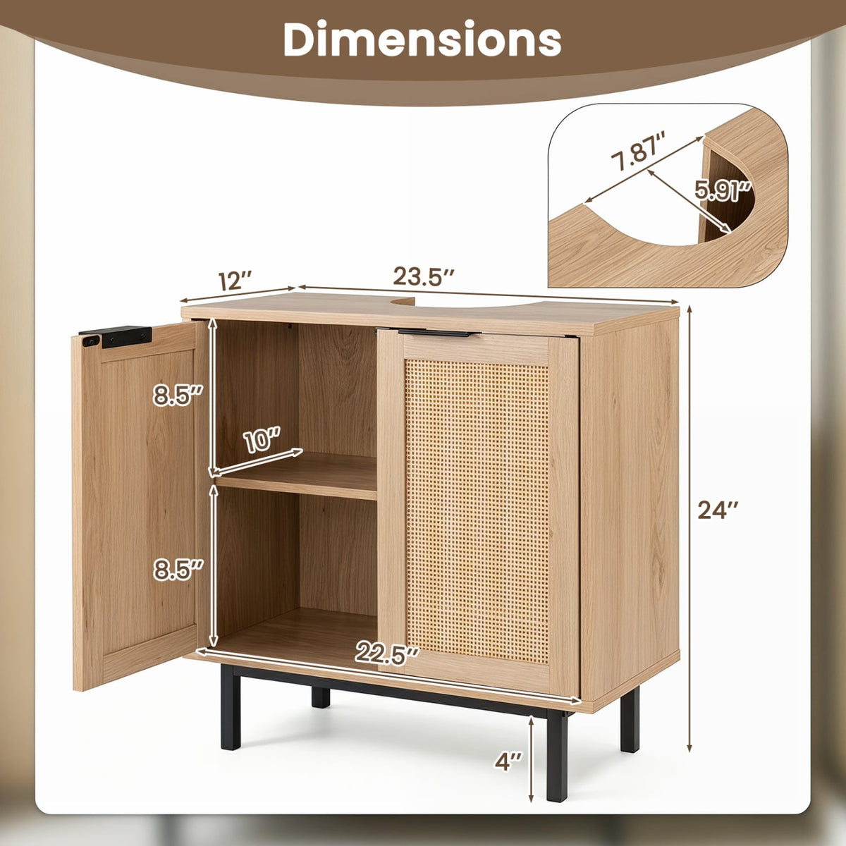 Bathroom Vanity Cabinet with U-Shaped Cut-Out 2 Rattan Doors and Shelf-Natural view 5