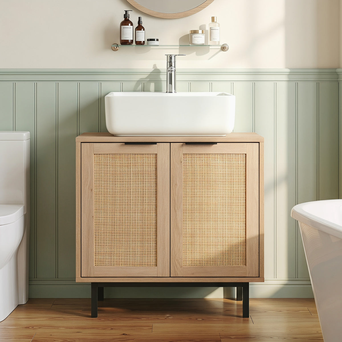 Bathroom Vanity Cabinet with U-Shaped Cut-Out 2 Rattan Doors and Shelf-Natural view 2