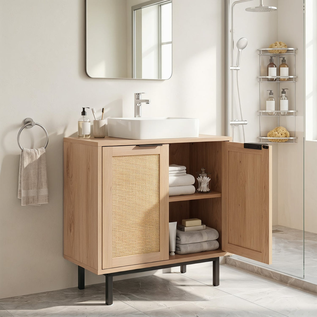 Bathroom Vanity Cabinet with U-Shaped Cut-Out 2 Rattan Doors and Shelf-Natural view 3