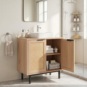 Bathroom Vanity Cabinet with U-Shaped Cut-Out 2 Rattan Doors and Shelf-Natural view 3