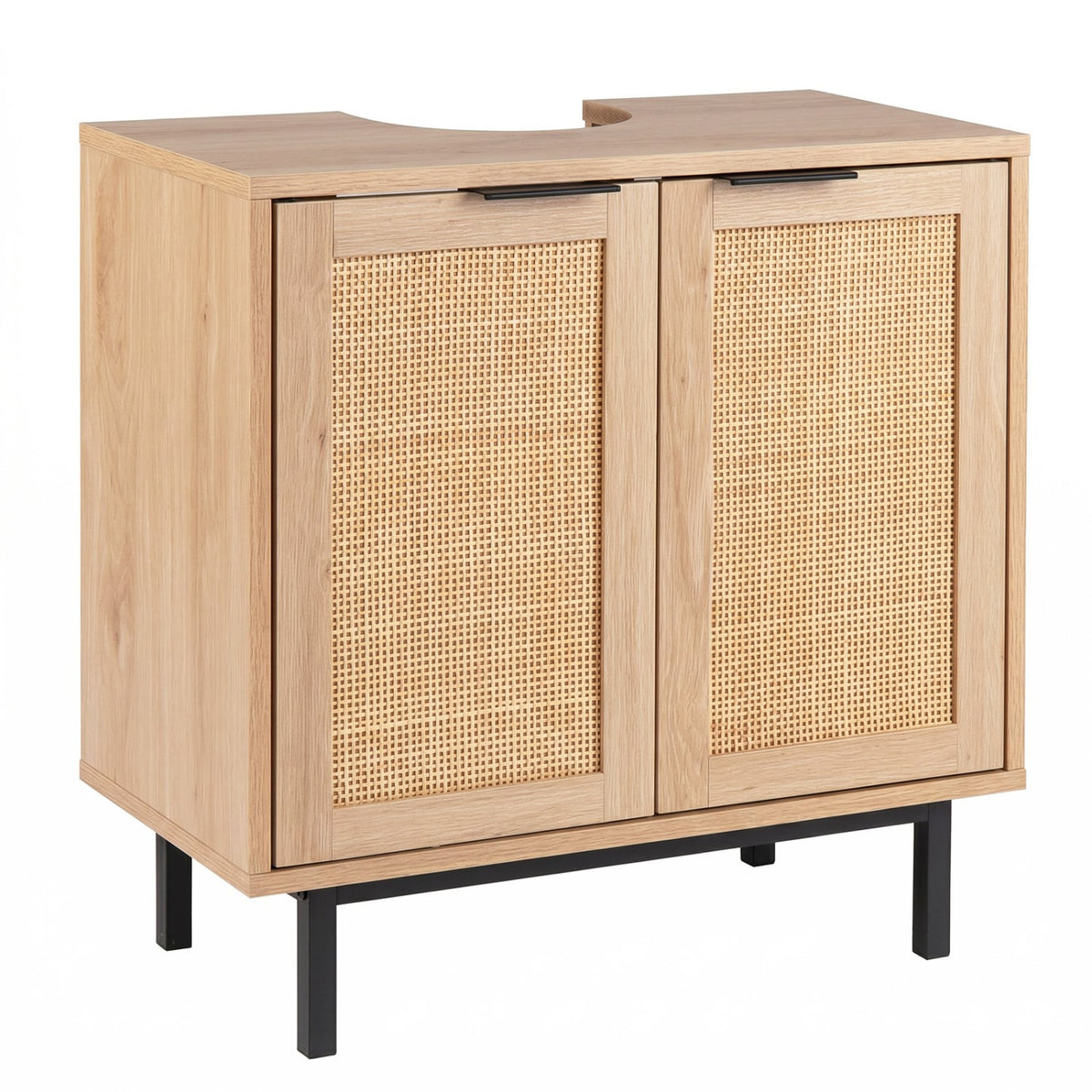 Bathroom Vanity Cabinet with U-Shaped Cut-Out 2 Rattan Doors and Shelf-Natural view 4