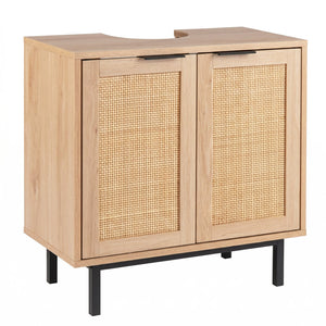 Bathroom Vanity Cabinet with U-Shaped Cut-Out 2 Rattan Doors and Shelf-Natural view 4