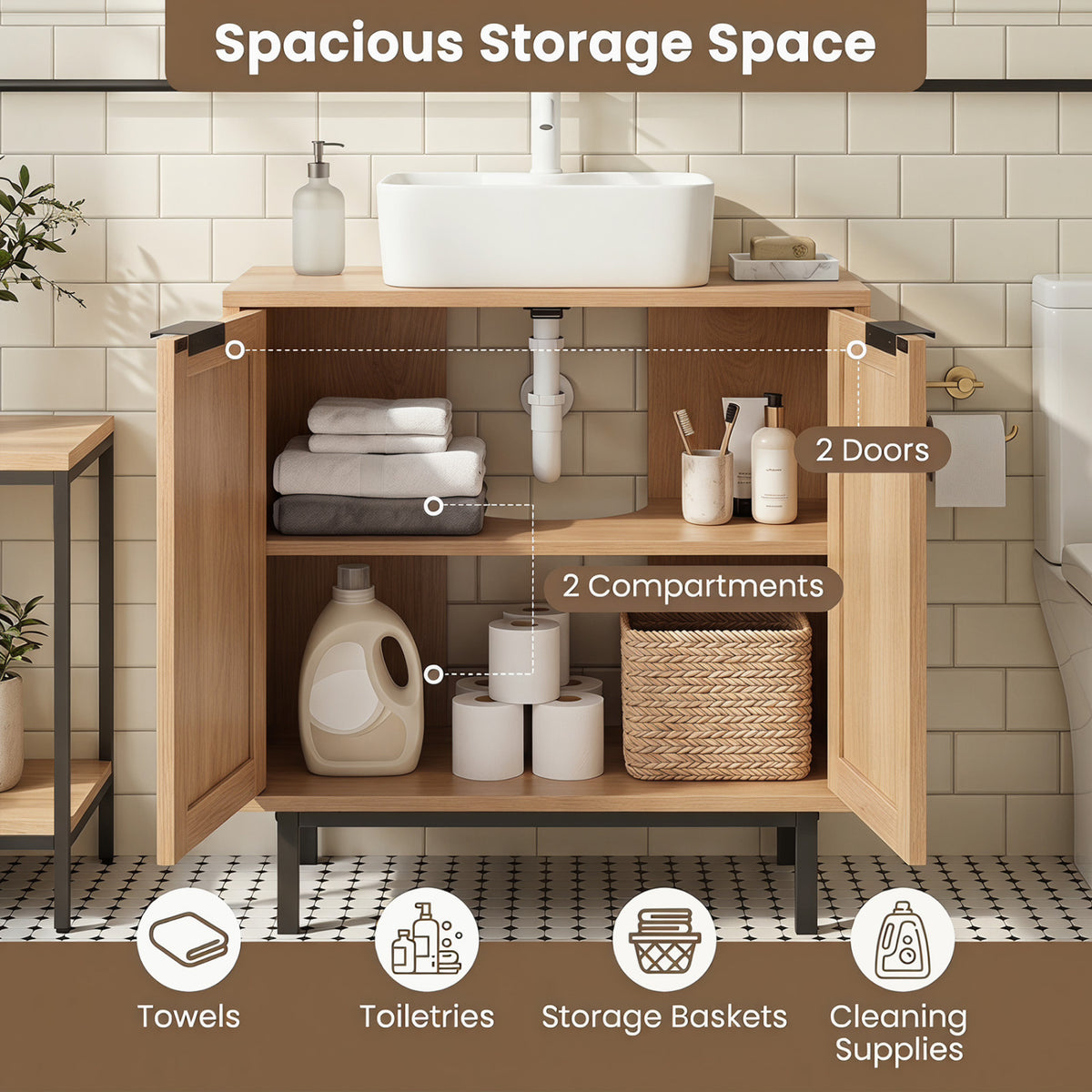 Bathroom Vanity Cabinet with U-Shaped Cut-Out 2 Rattan Doors and Shelf-Natural view 6