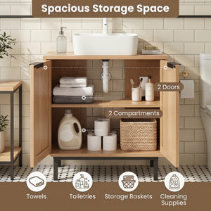 Bathroom Vanity Cabinet with U-Shaped Cut-Out 2 Rattan Doors and Shelf-Natural view 6