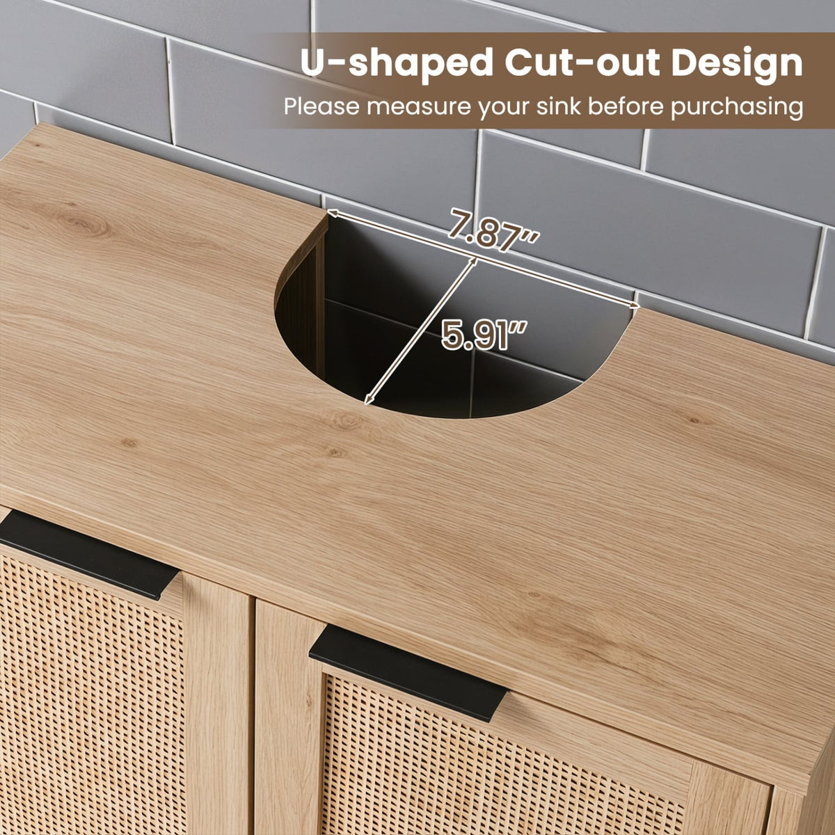Bathroom Vanity Cabinet with U-Shaped Cut-Out 2 Rattan Doors and Shelf-Natural view 7