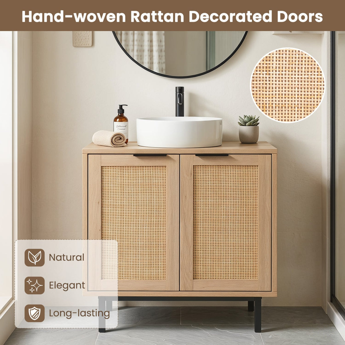 Bathroom Vanity Cabinet with U-Shaped Cut-Out 2 Rattan Doors and Shelf-Natural view 8