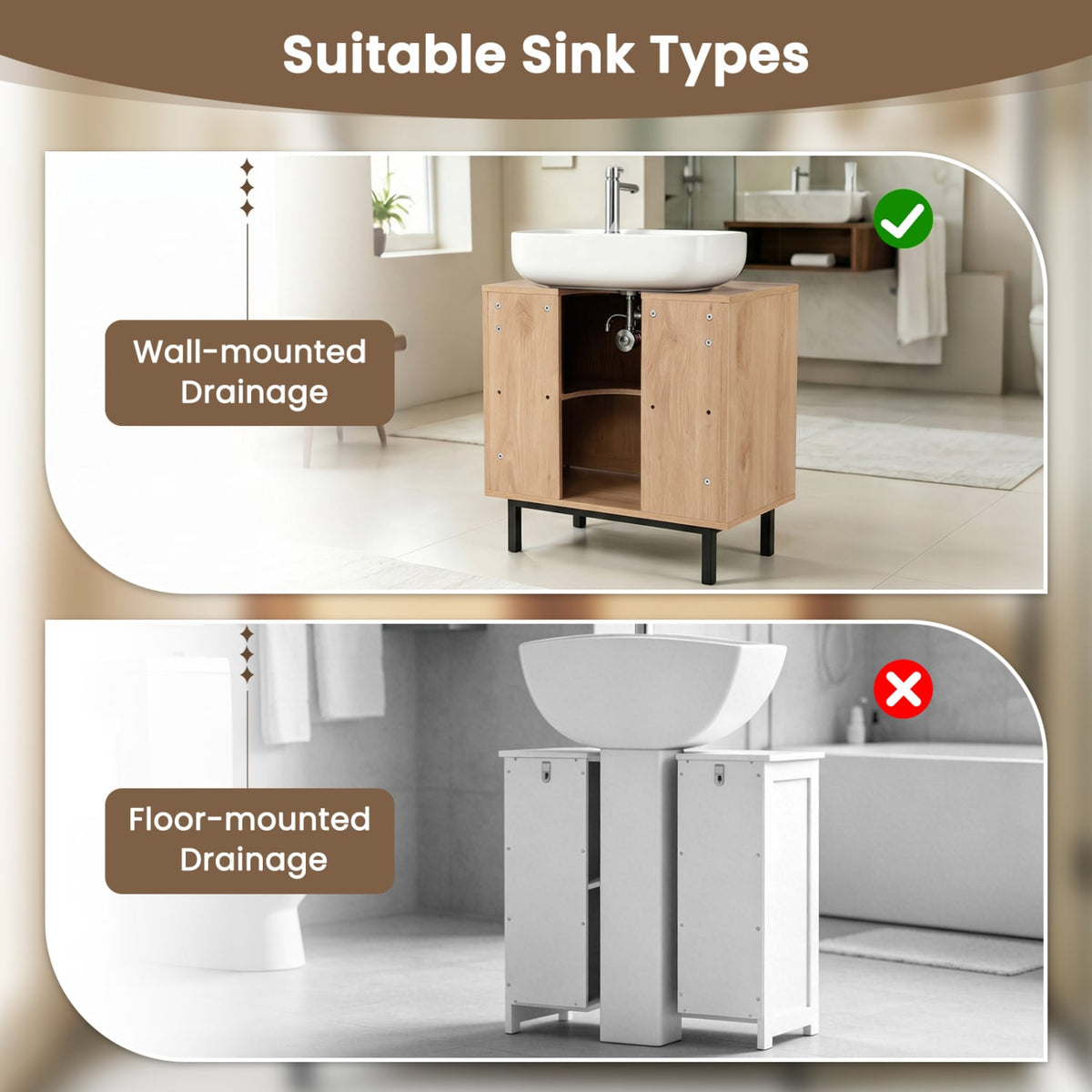 Bathroom Vanity Cabinet with U-Shaped Cut-Out 2 Rattan Doors and Shelf-Natural view 9