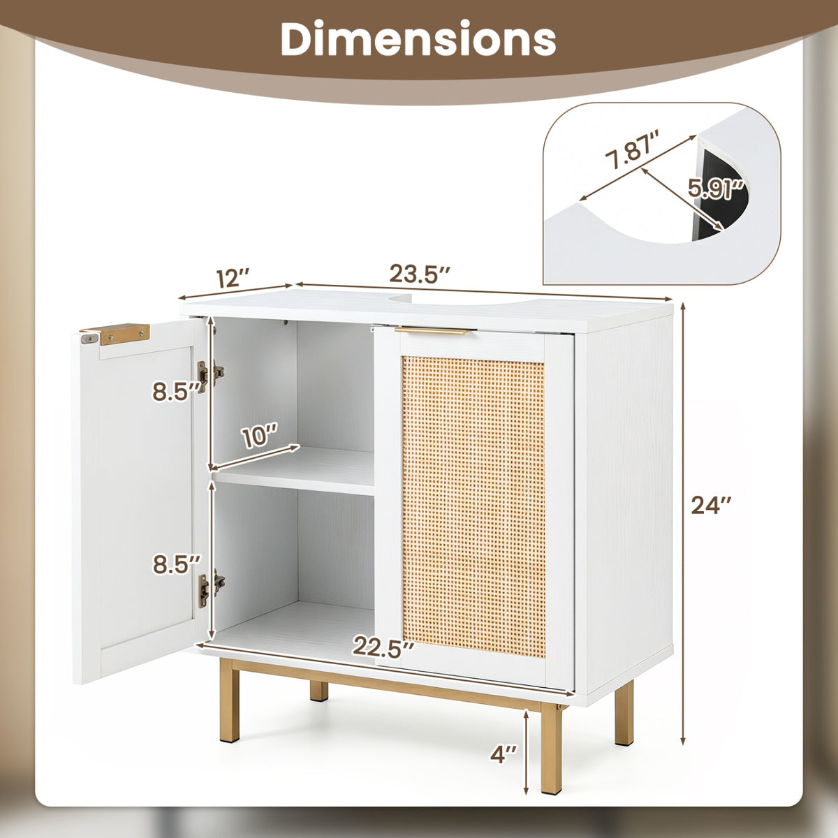 Bathroom Vanity Cabinet with U-Shaped Cut-Out 2 Rattan Doors and Shelf-White view 5