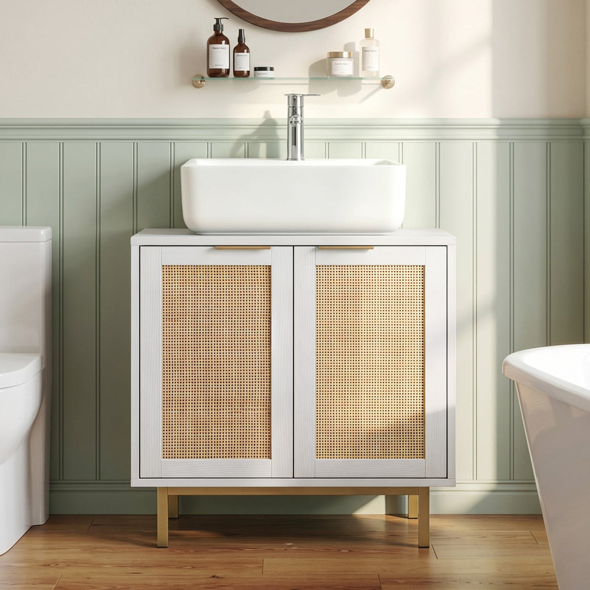 Bathroom Vanity Cabinet with U-Shaped Cut-Out 2 Rattan Doors and Shelf-White view 2