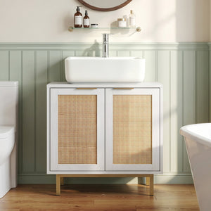 Bathroom Vanity Cabinet with U-Shaped Cut-Out 2 Rattan Doors and Shelf-White view 2