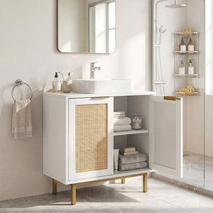 Bathroom Vanity Cabinet with U-Shaped Cut-Out 2 Rattan Doors and Shelf-White view 3