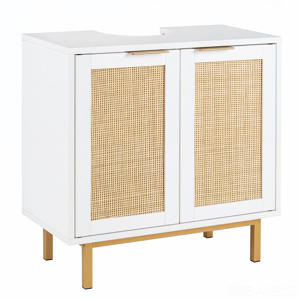 Bathroom Vanity Cabinet with U-Shaped Cut-Out 2 Rattan Doors and Shelf-White view 4