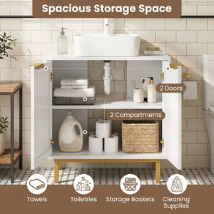 Bathroom Vanity Cabinet with U-Shaped Cut-Out 2 Rattan Doors and Shelf-White view 6