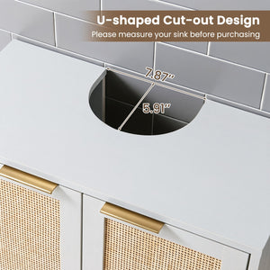Bathroom Vanity Cabinet with U-Shaped Cut-Out 2 Rattan Doors and Shelf-White view 7