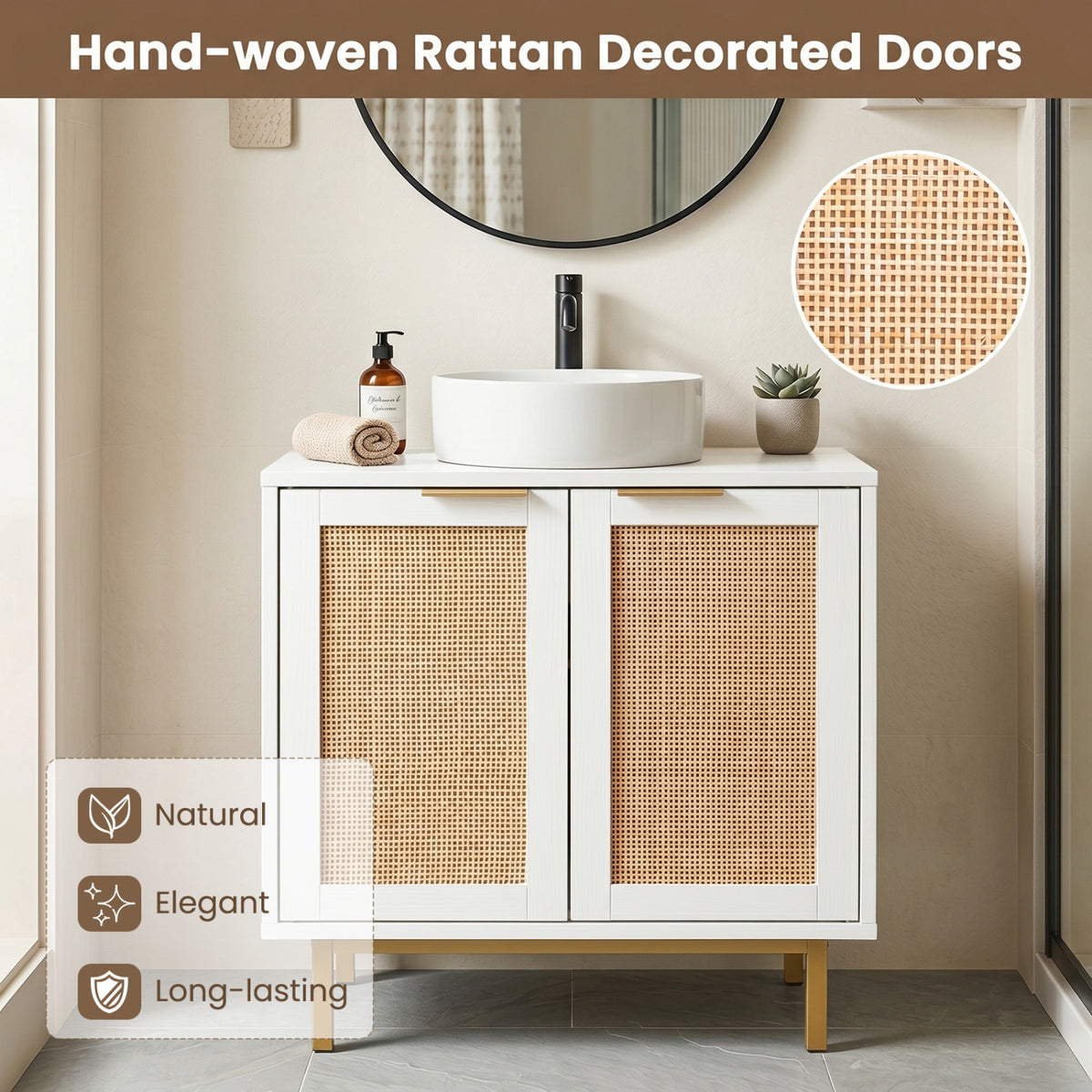 Bathroom Vanity Cabinet with U-Shaped Cut-Out 2 Rattan Doors and Shelf-White view 8