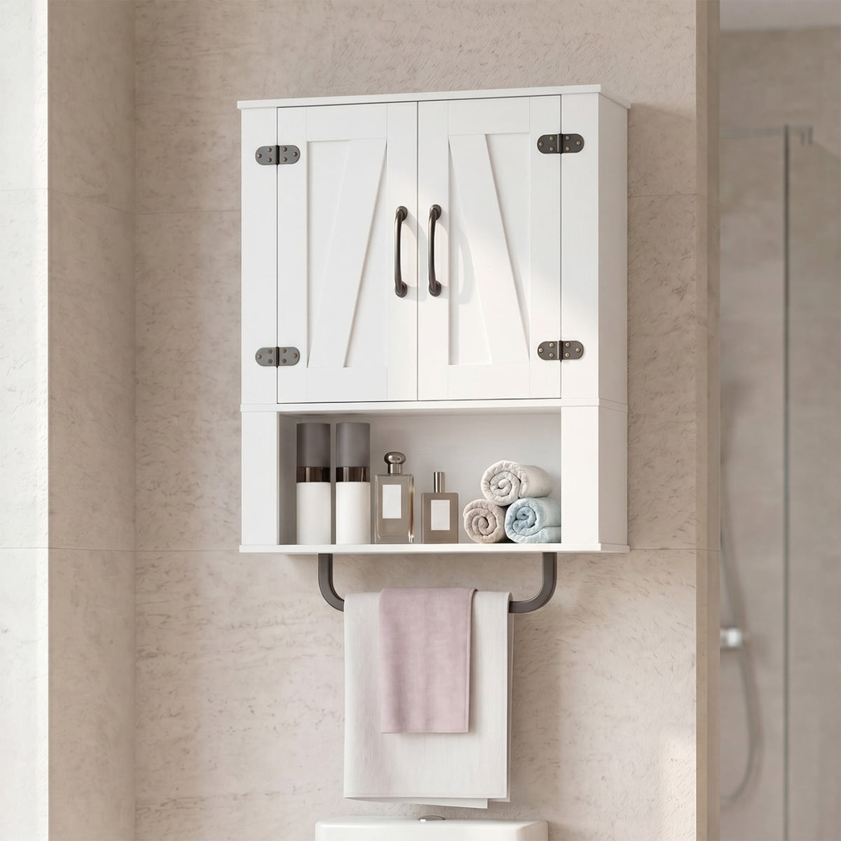 Bathroom Wall Cabinet with 2 Barn Doors and Towel Bar and 3-Tier Wooden Storage-White view 2