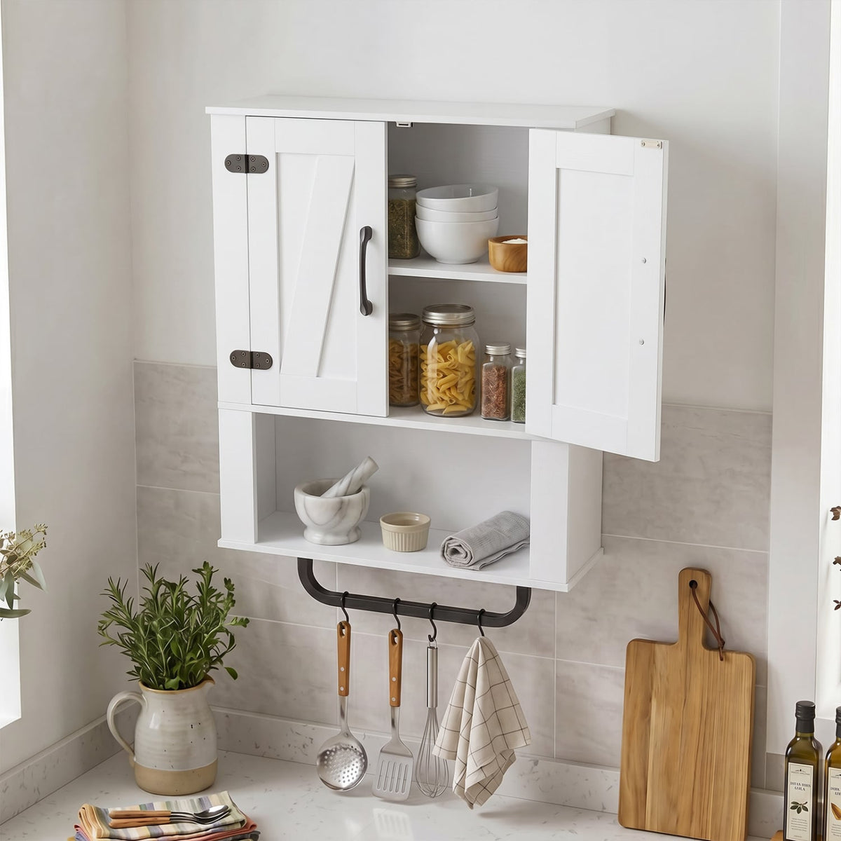 Bathroom Wall Cabinet with 2 Barn Doors and Towel Bar and 3-Tier Wooden Storage-White view 3