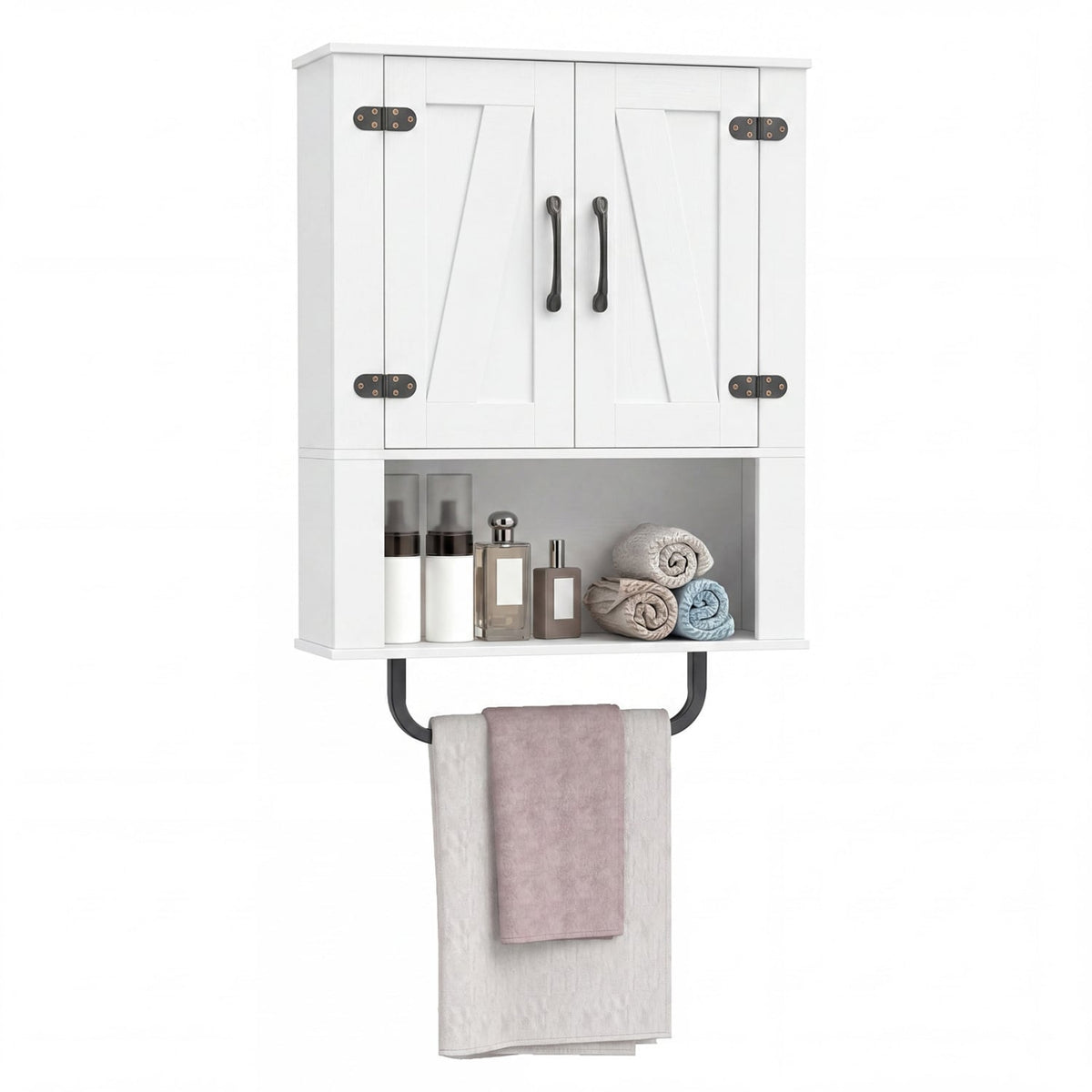 Bathroom Wall Cabinet with 2 Barn Doors and Towel Bar and 3-Tier Wooden Storage-White view 4