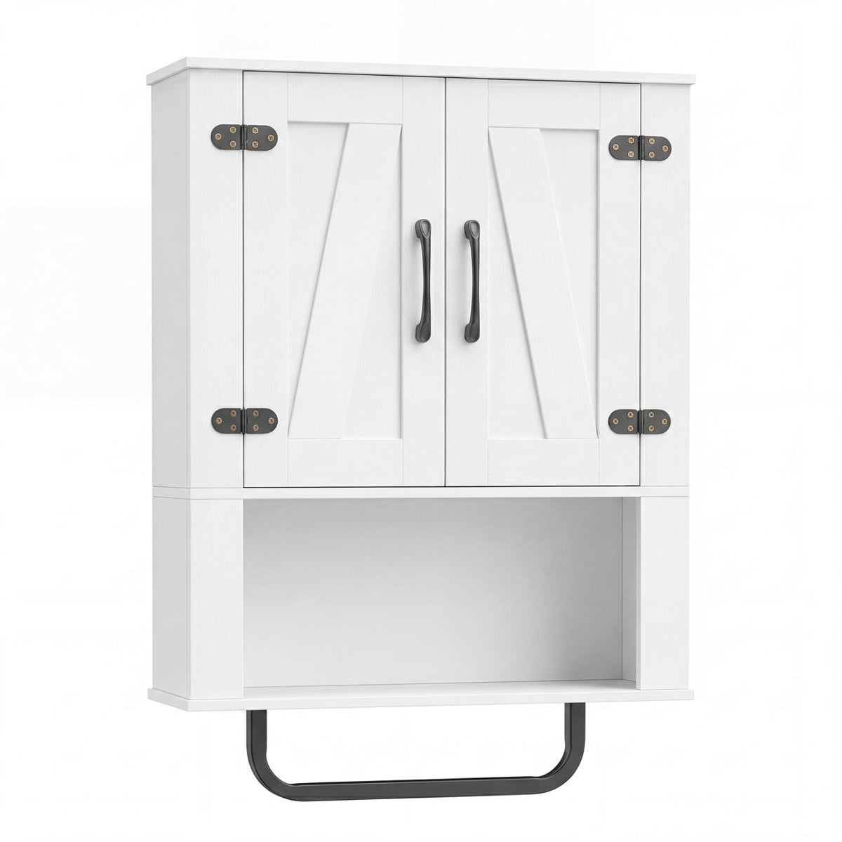 Bathroom Wall Cabinet with 2 Barn Doors and Towel Bar and 3-Tier Wooden Storage-White