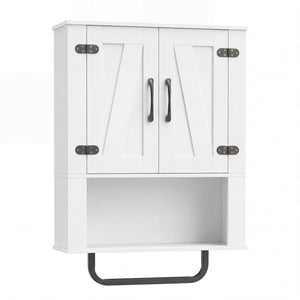 Bathroom Wall Cabinet with 2 Barn Doors and Towel Bar and 3-Tier Wooden Storage-White