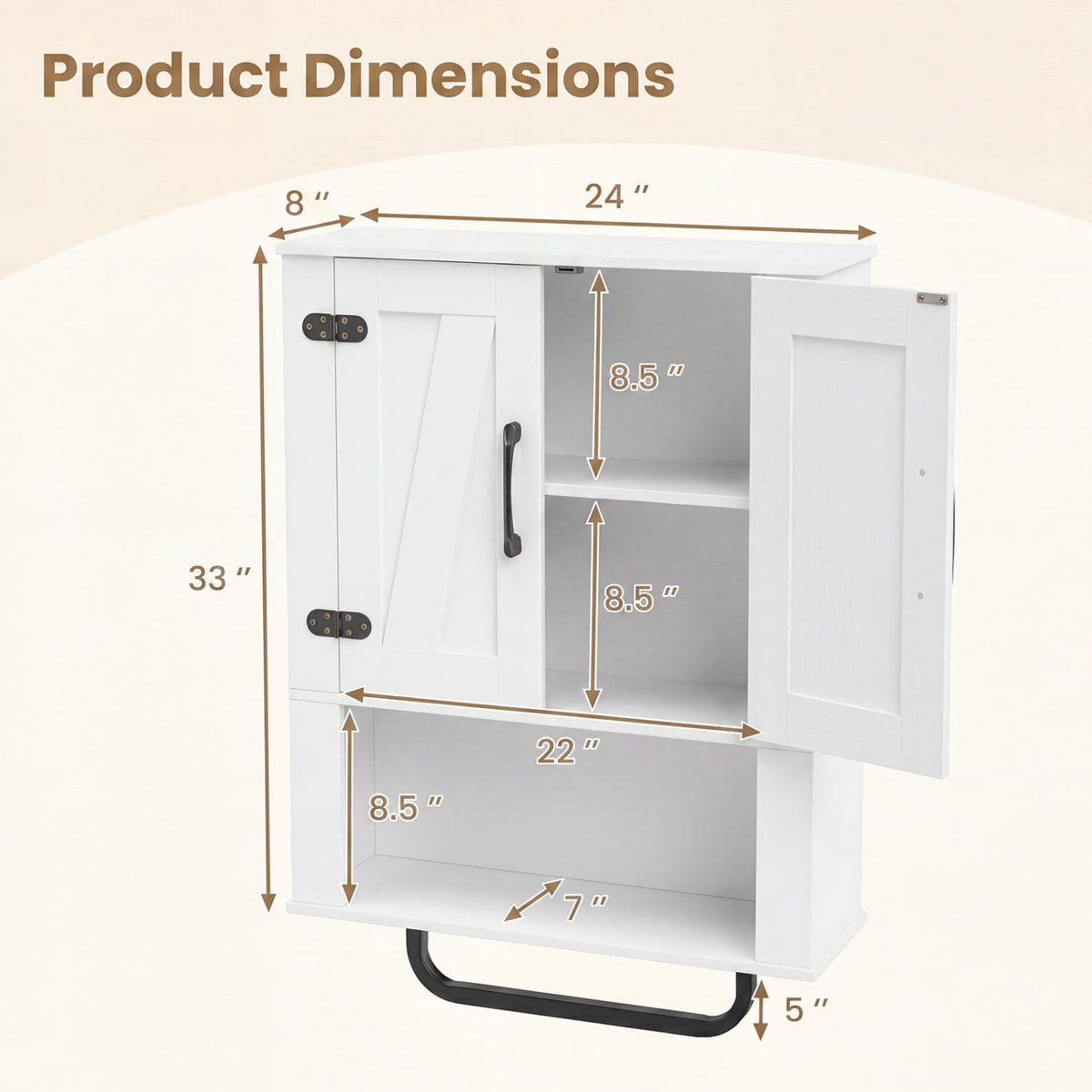 Bathroom Wall Cabinet with 2 Barn Doors and Towel Bar and 3-Tier Wooden Storage-White view 5