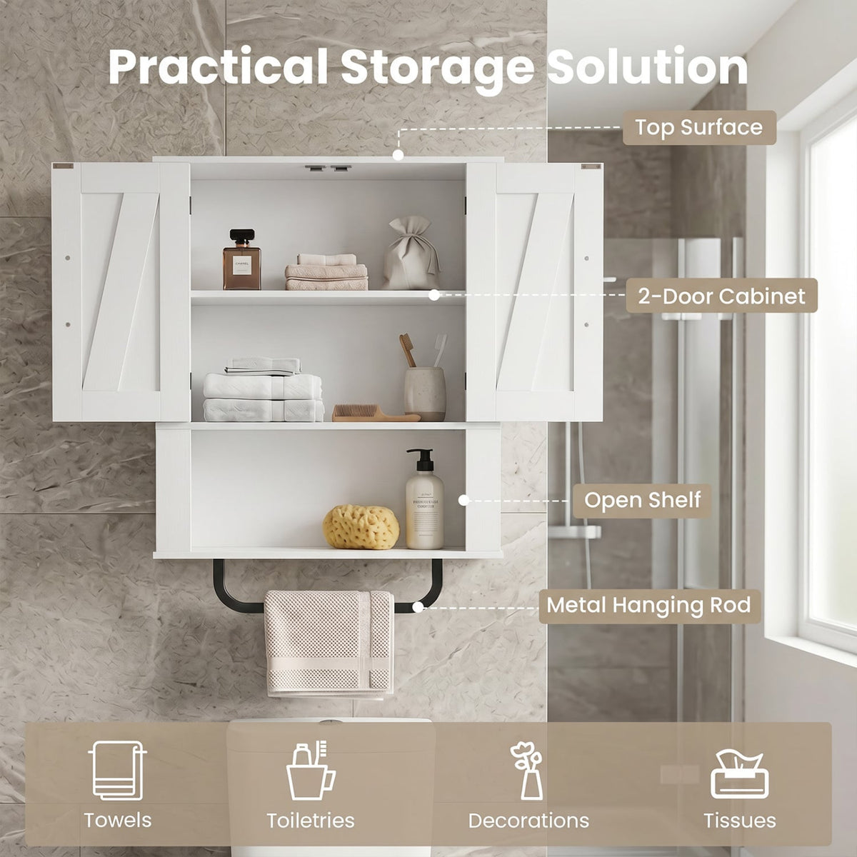 Bathroom Wall Cabinet with 2 Barn Doors and Towel Bar and 3-Tier Wooden Storage-White view 7