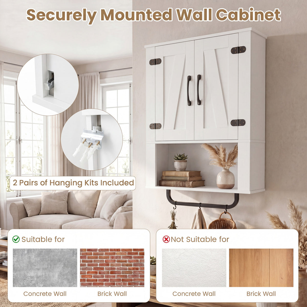 Bathroom Wall Cabinet with 2 Barn Doors and Towel Bar and 3-Tier Wooden Storage-White view 8