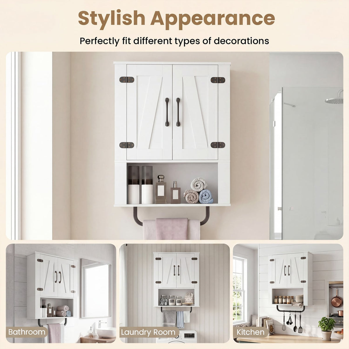 Bathroom Wall Cabinet with 2 Barn Doors and Towel Bar and 3-Tier Wooden Storage-White view 9