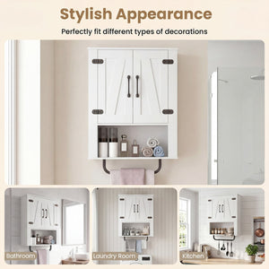 Bathroom Wall Cabinet with 2 Barn Doors and Towel Bar and 3-Tier Wooden Storage-White view 9