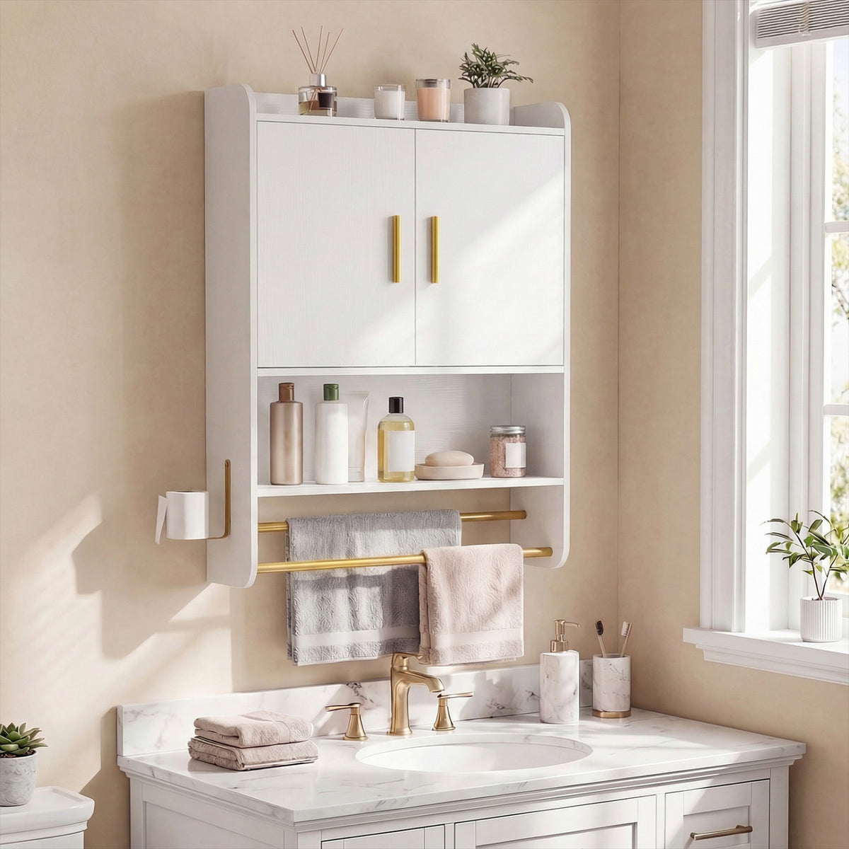 Bathroom Wall Cabinet Wall Mounted Medicine Cabinet with Towel Bars-White view 2