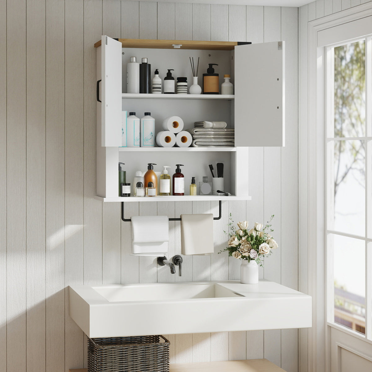Bathroom Wall Cabinet with Towel Bar Farmhouse Medicine Cabinet-White view 2