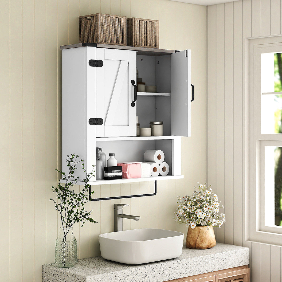 Bathroom Wall Cabinet with Towel Bar Farmhouse Medicine Cabinet-White view 3