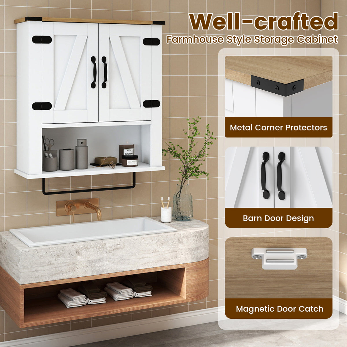 Bathroom Wall Cabinet with Towel Bar Farmhouse Medicine Cabinet-White view 8
