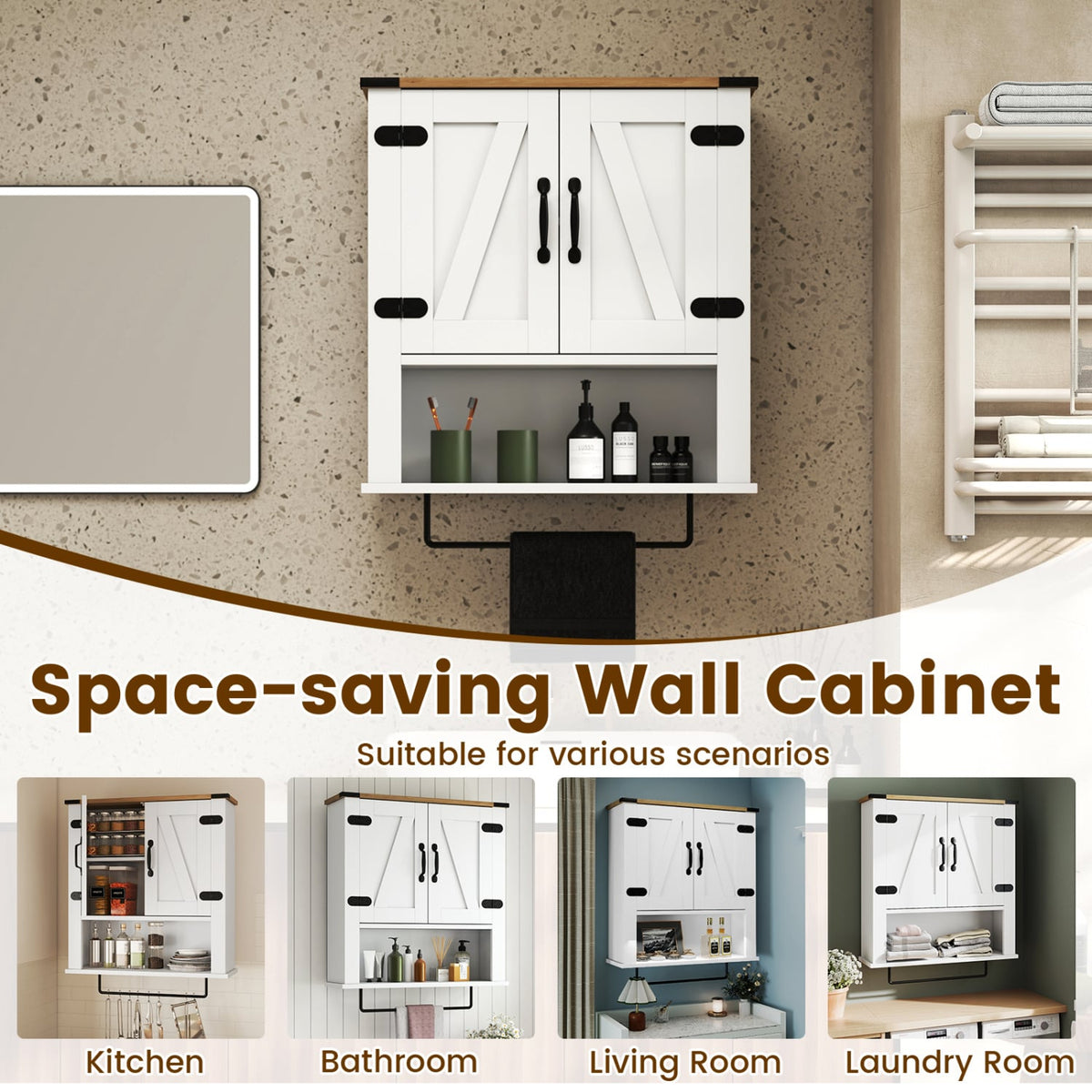 Bathroom Wall Cabinet with Towel Bar Farmhouse Medicine Cabinet-White view 9