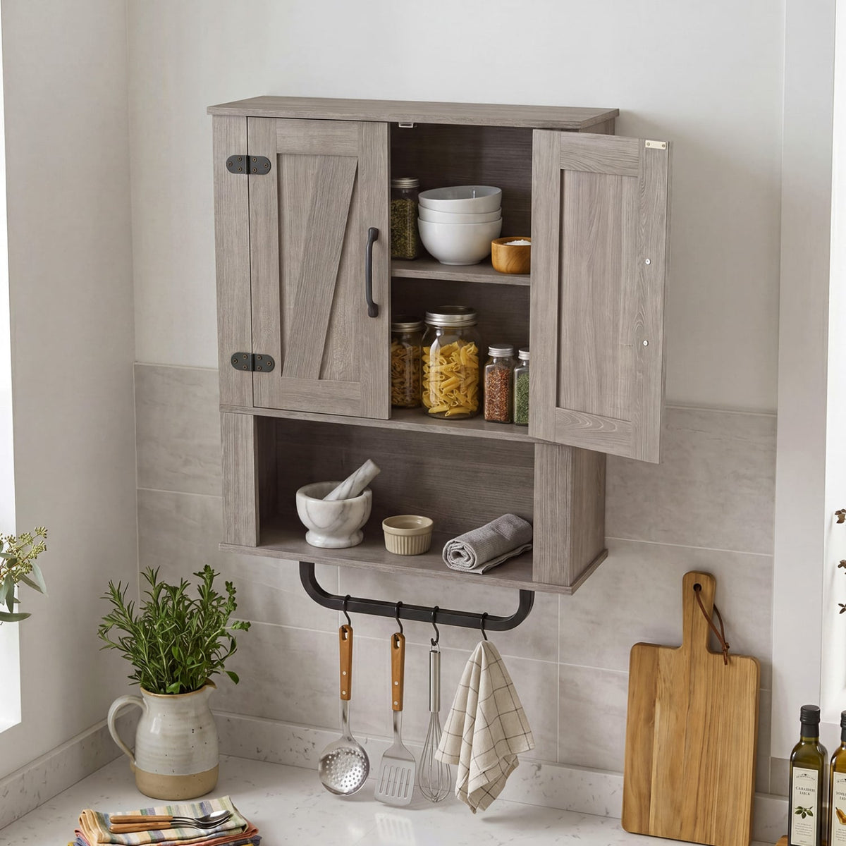 Bathroom Wall Cabinet with 2 Barn Doors and Towel Bar and 3-Tier Wooden Storage-Gray view 2