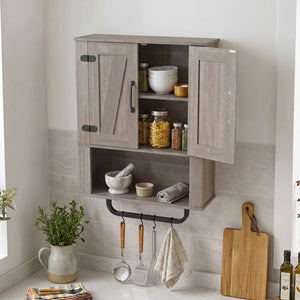 Bathroom Wall Cabinet with 2 Barn Doors and Towel Bar and 3-Tier Wooden Storage-Gray view 2