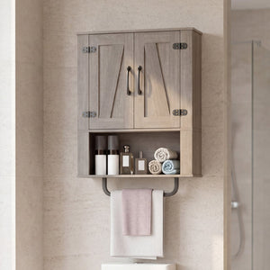 Bathroom Wall Cabinet with 2 Barn Doors and Towel Bar and 3-Tier Wooden Storage-Gray view 3