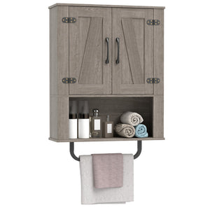 Bathroom Wall Cabinet with 2 Barn Doors and Towel Bar and 3-Tier Wooden Storage-Gray