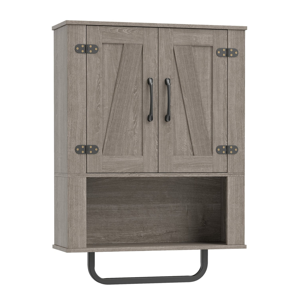 Bathroom Wall Cabinet with 2 Barn Doors and Towel Bar and 3-Tier Wooden Storage-Gray view 4