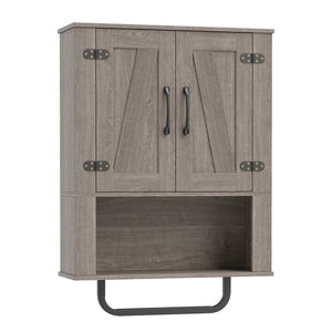 Bathroom Wall Cabinet with 2 Barn Doors and Towel Bar and 3-Tier Wooden Storage-Gray view 4