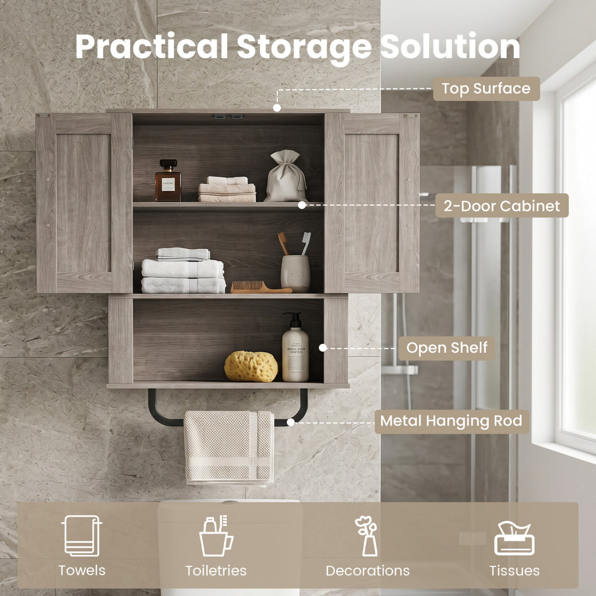 Bathroom Wall Cabinet with 2 Barn Doors and Towel Bar and 3-Tier Wooden Storage-Gray view 6
