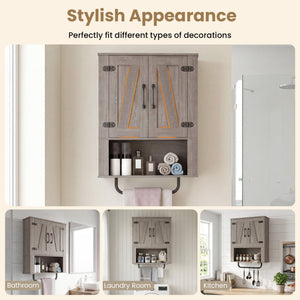 Bathroom Wall Cabinet with 2 Barn Doors and Towel Bar and 3-Tier Wooden Storage-Gray view 8