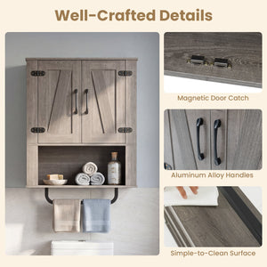 Bathroom Wall Cabinet with 2 Barn Doors and Towel Bar and 3-Tier Wooden Storage-Gray view 9